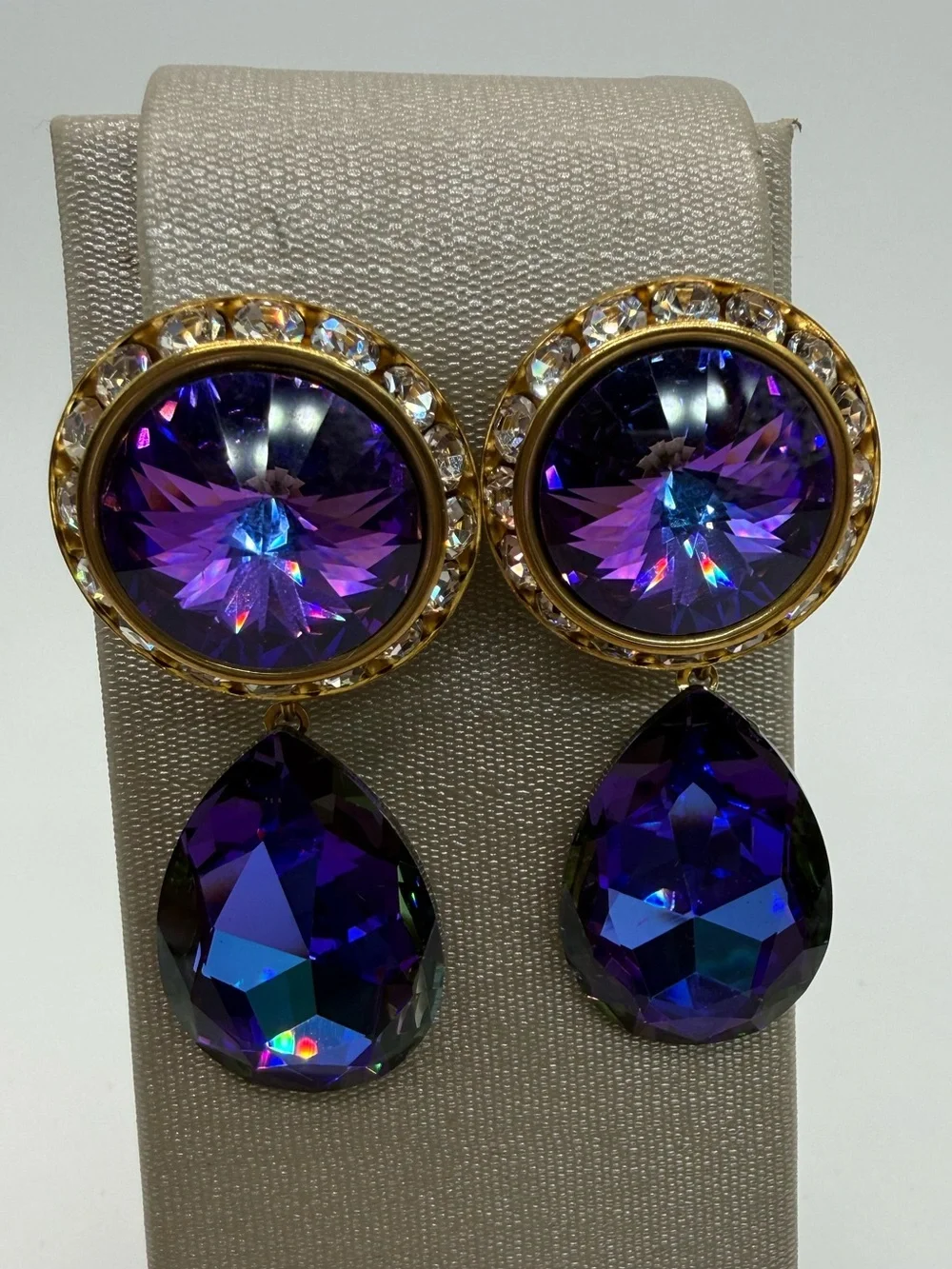 Vintage Purple Rivoli Crystal Rhinestone Teardrop Clip On Earrings 2.25”